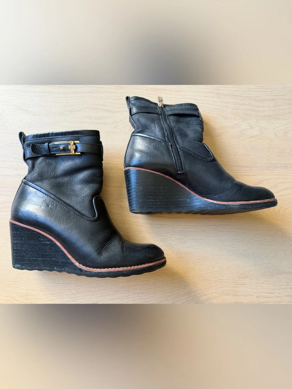 Tory Burch Primrose Wedge Ankle Booties Black Leather with Gold Buckle